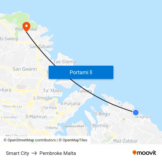 Smart City to Pembroke Malta map