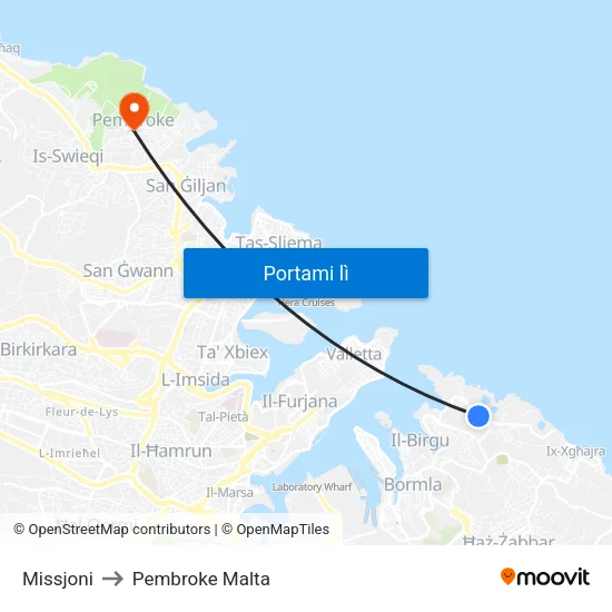 Missjoni to Pembroke Malta map