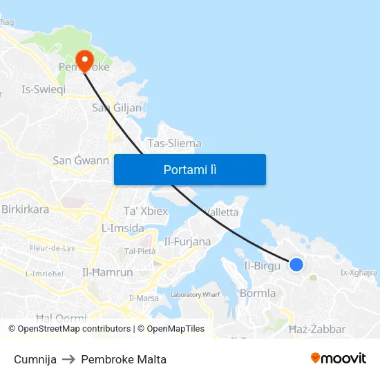 Cumnija to Pembroke Malta map