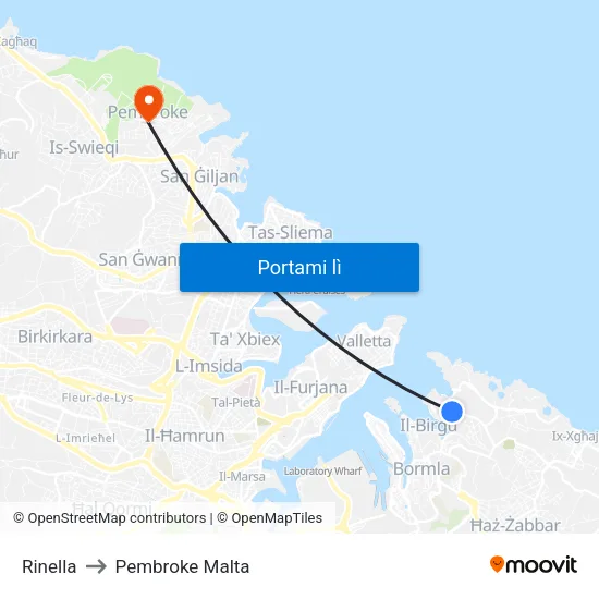 Rinella to Pembroke Malta map