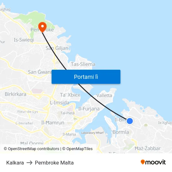 Kalkara to Pembroke Malta map