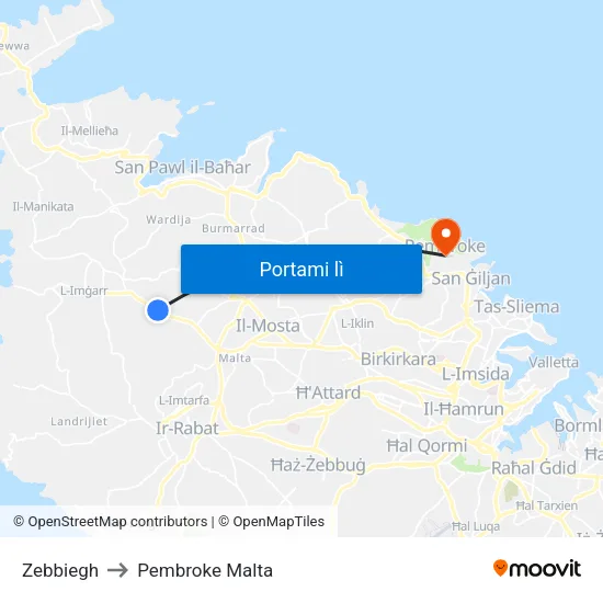 Zebbiegh to Pembroke Malta map