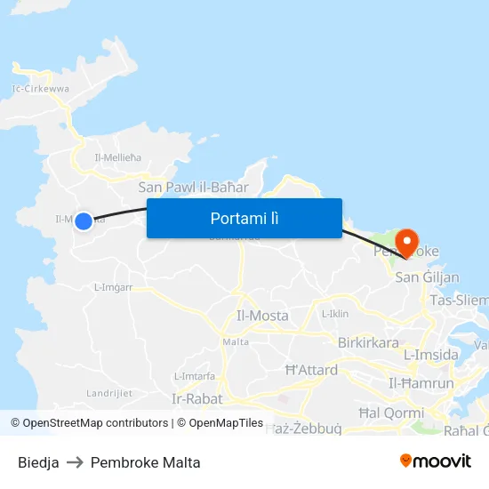Biedja to Pembroke Malta map