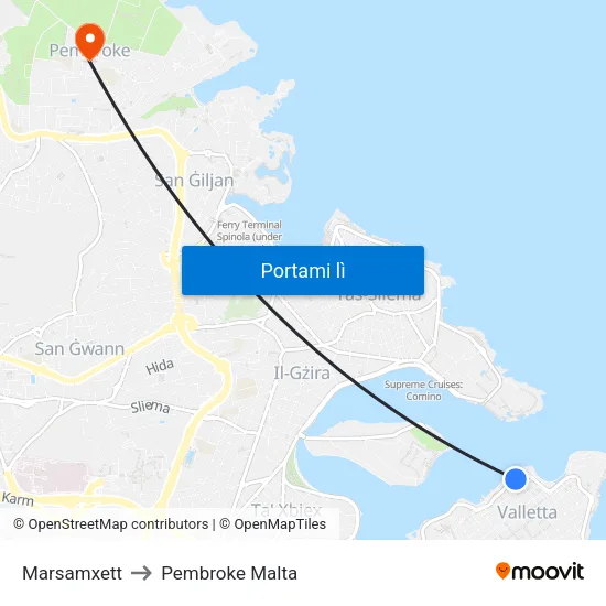 Marsamxett to Pembroke Malta map