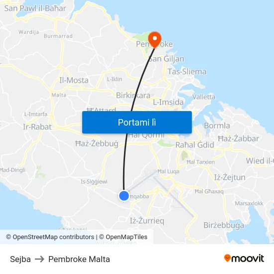 Sejba to Pembroke Malta map