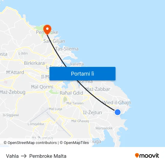 Vahla to Pembroke Malta map