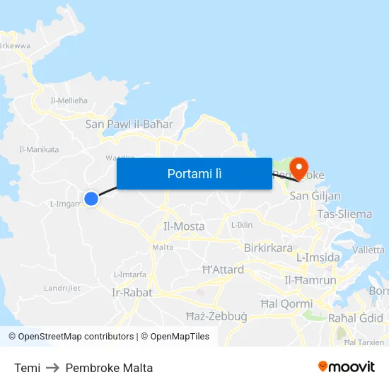 Temi to Pembroke Malta map