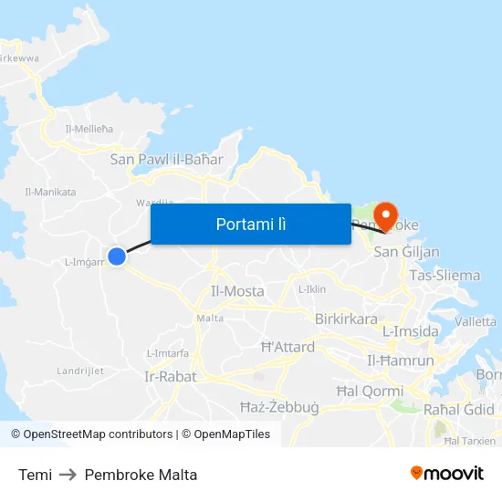 Temi to Pembroke Malta map