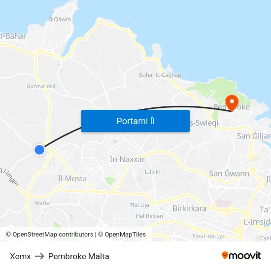 Xemx to Pembroke Malta map