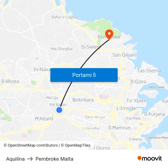 Aquilina to Pembroke Malta map