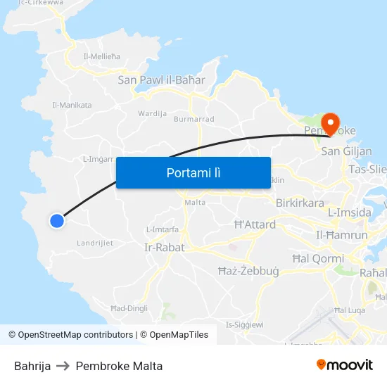 Bahrija to Pembroke Malta map