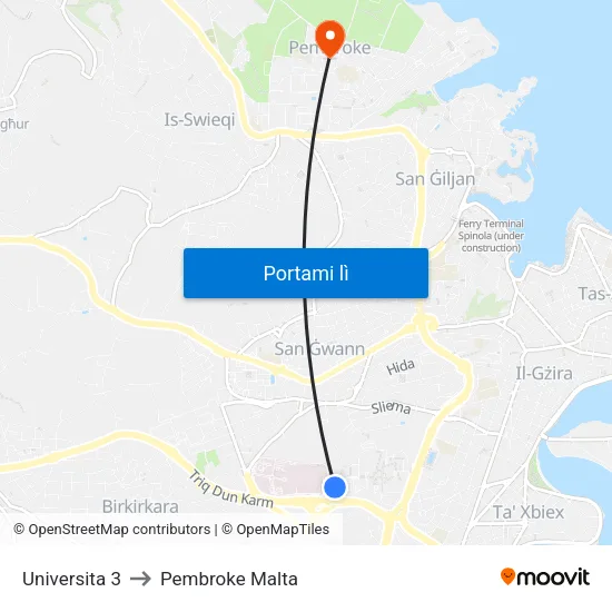 Universita 3 to Pembroke Malta map