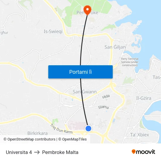 Universita 4 to Pembroke Malta map