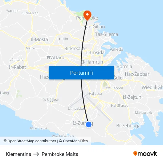 Klementina to Pembroke Malta map