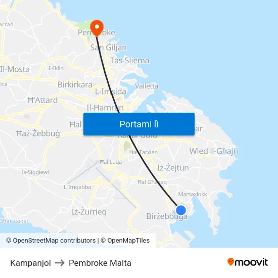 Kampanjol to Pembroke Malta map