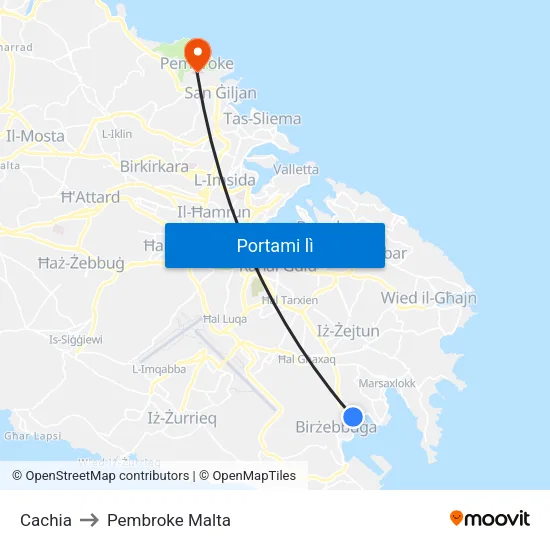 Cachia to Pembroke Malta map