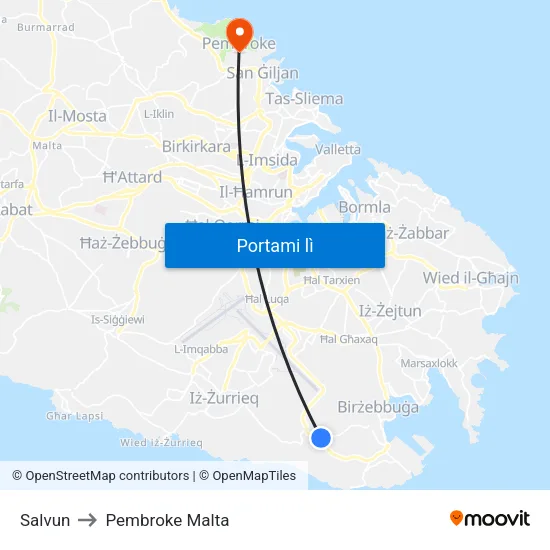 Salvun to Pembroke Malta map