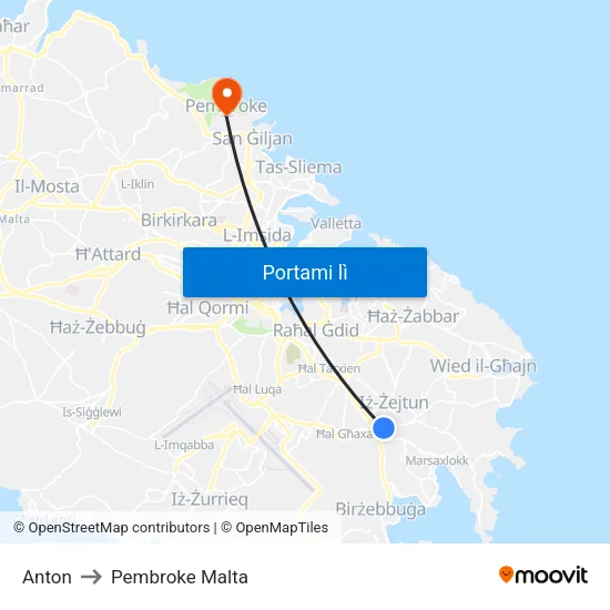Anton to Pembroke Malta map