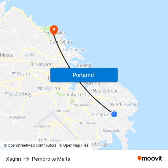 Xaghri to Pembroke Malta map