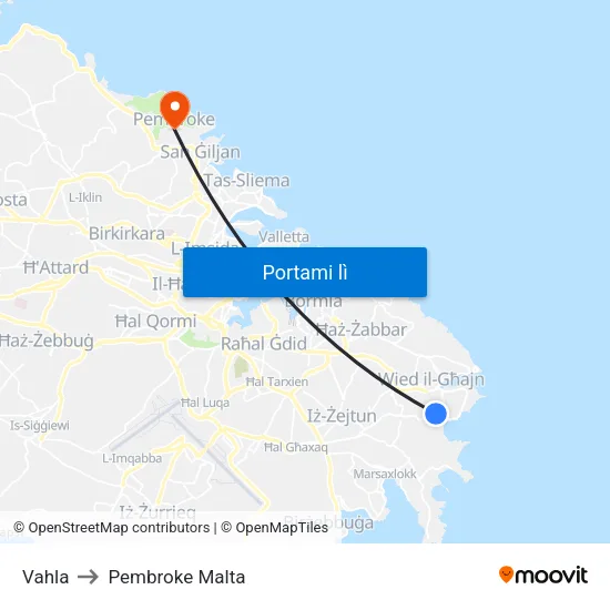Vahla to Pembroke Malta map