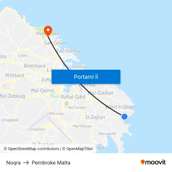 Noqra to Pembroke Malta map