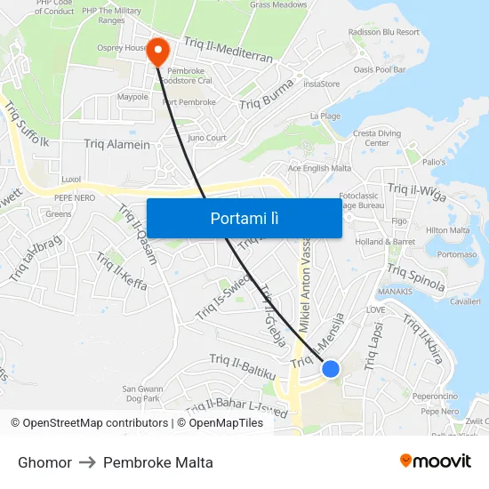 Ghomor to Pembroke Malta map