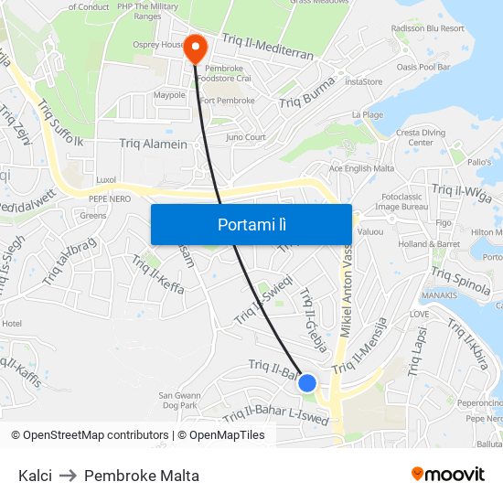 Kalci to Pembroke Malta map