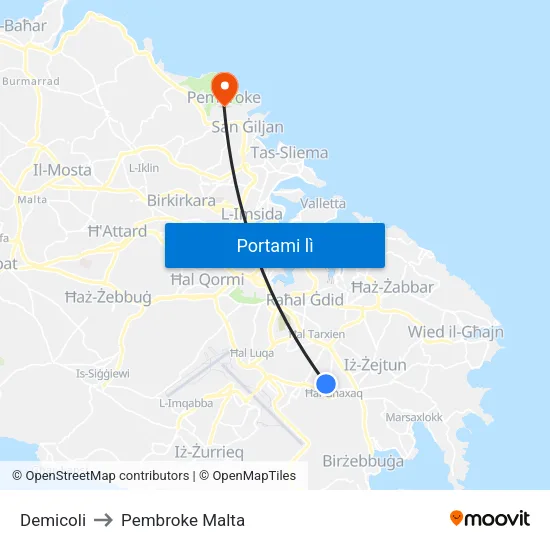 Demicoli to Pembroke Malta map