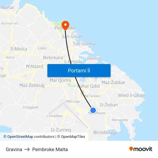 Gravina to Pembroke Malta map