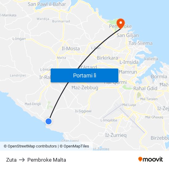 Zuta to Pembroke Malta map