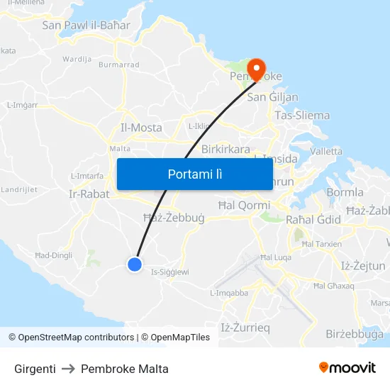 Girgenti to Pembroke Malta map