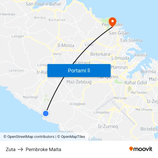 Zuta to Pembroke Malta map