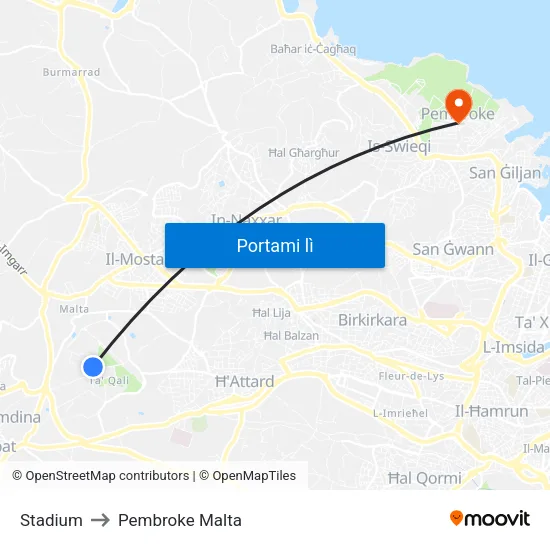 Stadium to Pembroke Malta map