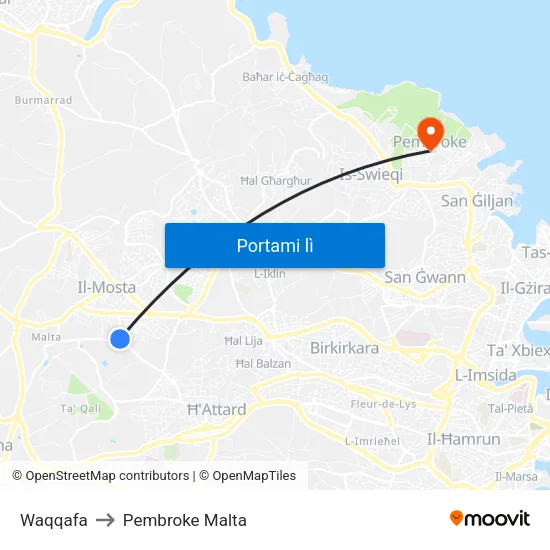 Waqqafa to Pembroke Malta map