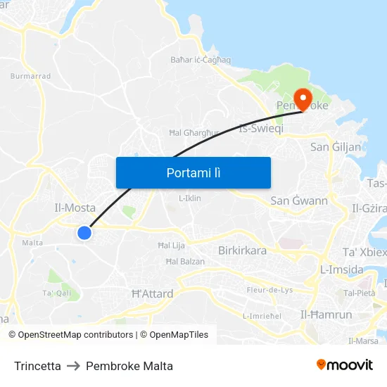 Trincetta to Pembroke Malta map