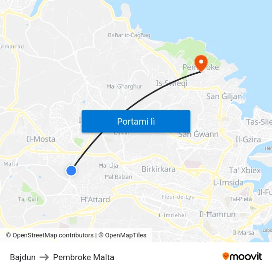 Bajdun to Pembroke Malta map