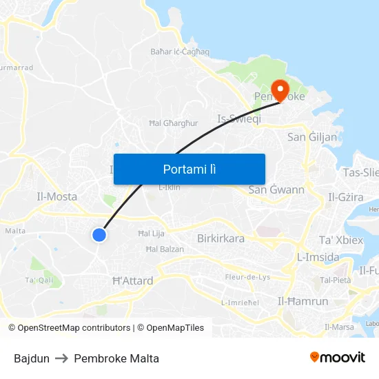 Bajdun to Pembroke Malta map