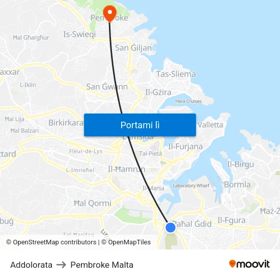 Addolorata to Pembroke Malta map