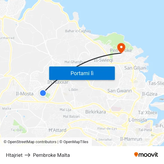 Htajriet to Pembroke Malta map