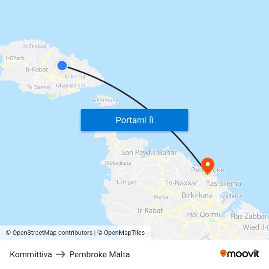 Kommittiva to Pembroke Malta map