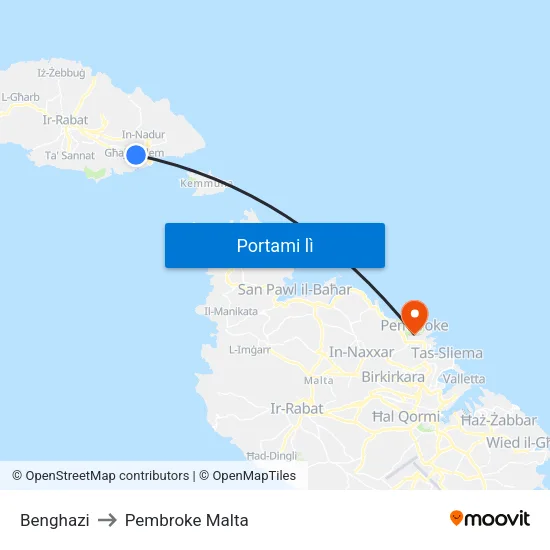 Benghazi to Pembroke Malta map