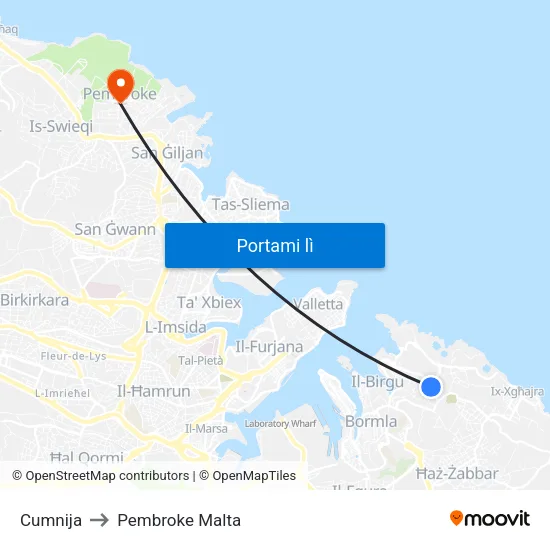 Cumnija to Pembroke Malta map