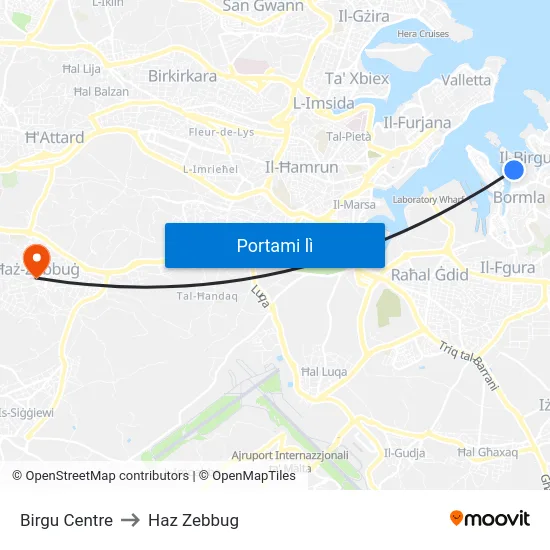 Birgu Centre to Haz Zebbug map
