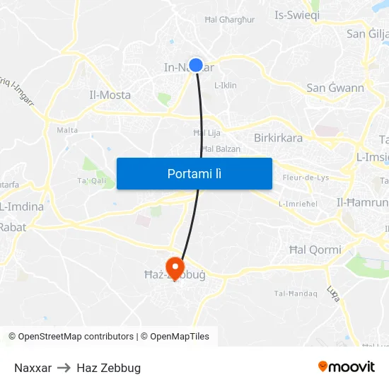 Naxxar to Haz Zebbug map