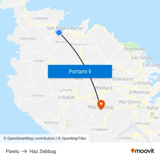 Pawlu to Haz Zebbug map