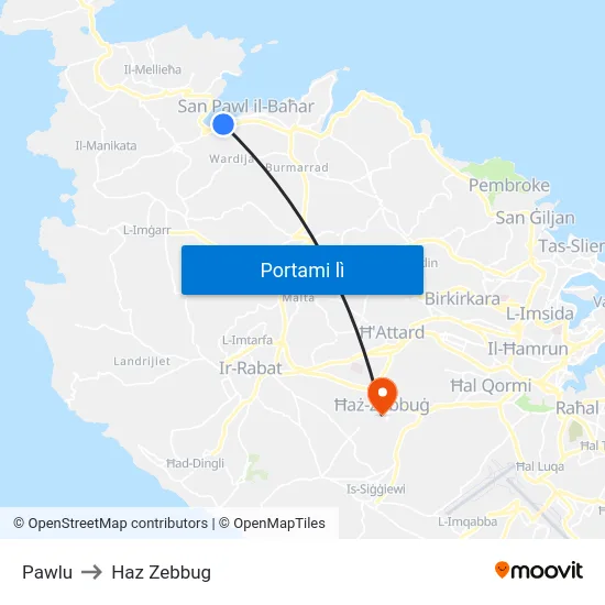 Pawlu to Haz Zebbug map