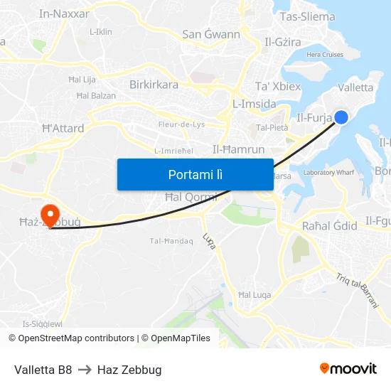 Valletta B8 to Haz Zebbug map