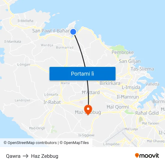 Qawra to Haz Zebbug map