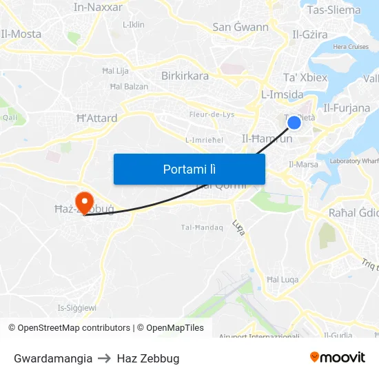 Gwardamangia to Haz Zebbug map
