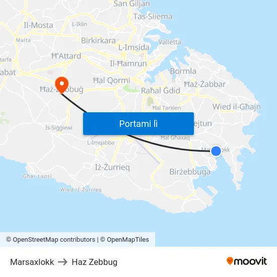 Marsaxlokk to Haz Zebbug map